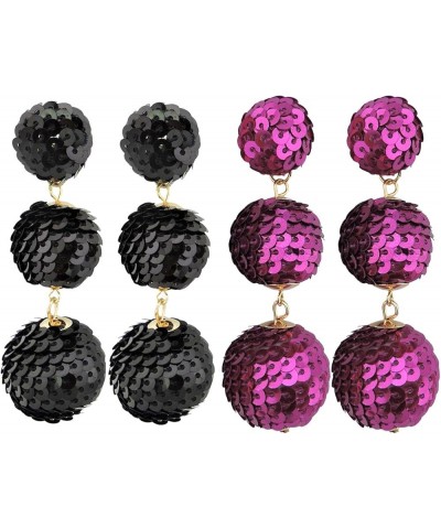 Sequin Ball Dangle Stud Earrings for Women Beaded Statement Drop Earrings Black+Fuchsia $10.25 Earrings