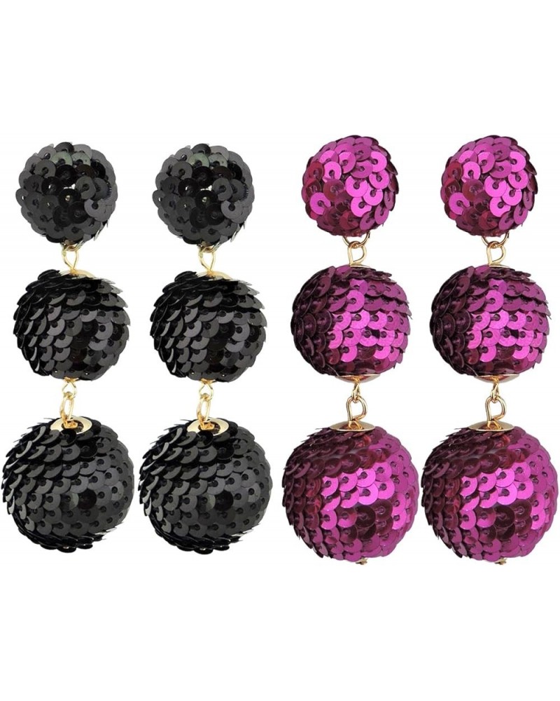 Sequin Ball Dangle Stud Earrings for Women Beaded Statement Drop Earrings Black+Fuchsia $10.25 Earrings