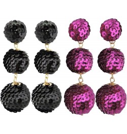 Sequin Ball Dangle Stud Earrings for Women Beaded Statement Drop Earrings Black+Fuchsia $10.25 Earrings