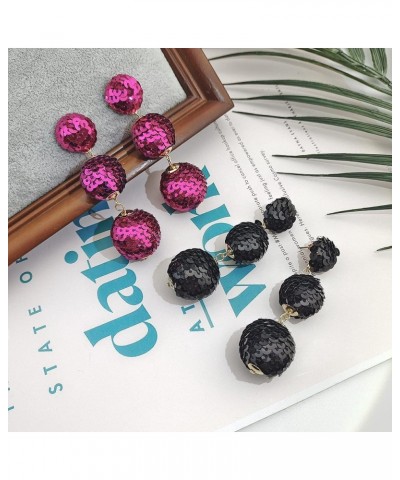 Sequin Ball Dangle Stud Earrings for Women Beaded Statement Drop Earrings Black+Fuchsia $10.25 Earrings