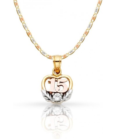 14K Tri Color Gold Sweet 15 Years Quinceanera Heart Cubic Zirconia CZ Charm Pendant with 1.5mm Valentino Chain Necklace 24.0 ...