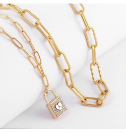 Initial Lock & Heart Sharp Pendant Necklace for Women, 14K Gold Double Layer Dainty Paperclip Link Chain for Girls Jewelry O ...