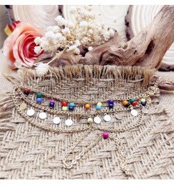 14K Gold Bohemian Millet bead Beaded Beach Anklet Metal sheet fringed Chain Multi-Layer Colored Rice Bead Floral Gravel Link ...