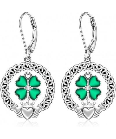 St Patricks Day Shamrock Earrings for Women Sterling Silver Four Leaf Clover Earrings Celtic Claddagh Irish Shamrock Dangle G...