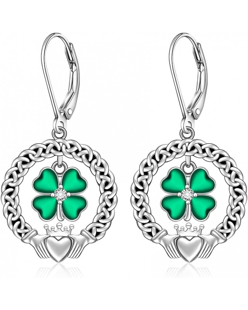 St Patricks Day Shamrock Earrings for Women Sterling Silver Four Leaf Clover Earrings Celtic Claddagh Irish Shamrock Dangle G...