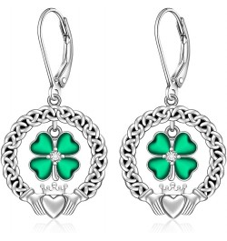 St Patricks Day Shamrock Earrings for Women Sterling Silver Four Leaf Clover Earrings Celtic Claddagh Irish Shamrock Dangle G...