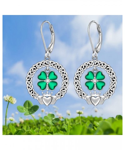 St Patricks Day Shamrock Earrings for Women Sterling Silver Four Leaf Clover Earrings Celtic Claddagh Irish Shamrock Dangle G...