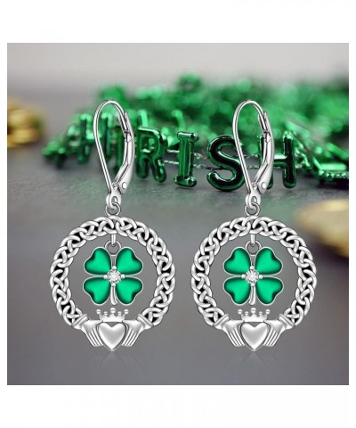 St Patricks Day Shamrock Earrings for Women Sterling Silver Four Leaf Clover Earrings Celtic Claddagh Irish Shamrock Dangle G...