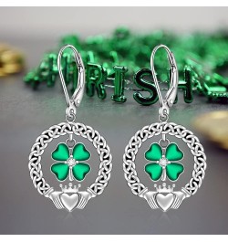 St Patricks Day Shamrock Earrings for Women Sterling Silver Four Leaf Clover Earrings Celtic Claddagh Irish Shamrock Dangle G...