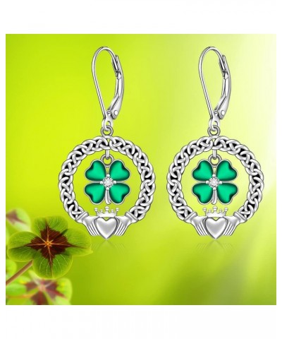 St Patricks Day Shamrock Earrings for Women Sterling Silver Four Leaf Clover Earrings Celtic Claddagh Irish Shamrock Dangle G...