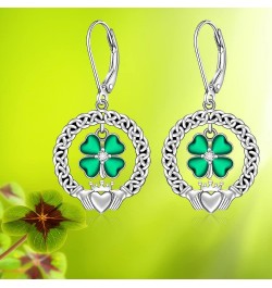 St Patricks Day Shamrock Earrings for Women Sterling Silver Four Leaf Clover Earrings Celtic Claddagh Irish Shamrock Dangle G...