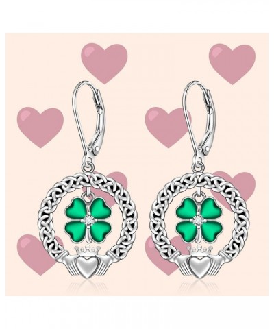 St Patricks Day Shamrock Earrings for Women Sterling Silver Four Leaf Clover Earrings Celtic Claddagh Irish Shamrock Dangle G...