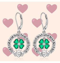 St Patricks Day Shamrock Earrings for Women Sterling Silver Four Leaf Clover Earrings Celtic Claddagh Irish Shamrock Dangle G...