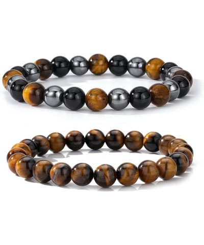 Mens Beaded Bracelets Couples Matching Bracelet Set Matte Lava Rock Beads for Women Stone Jewelry Z-Triple Protection Gold&Ti...