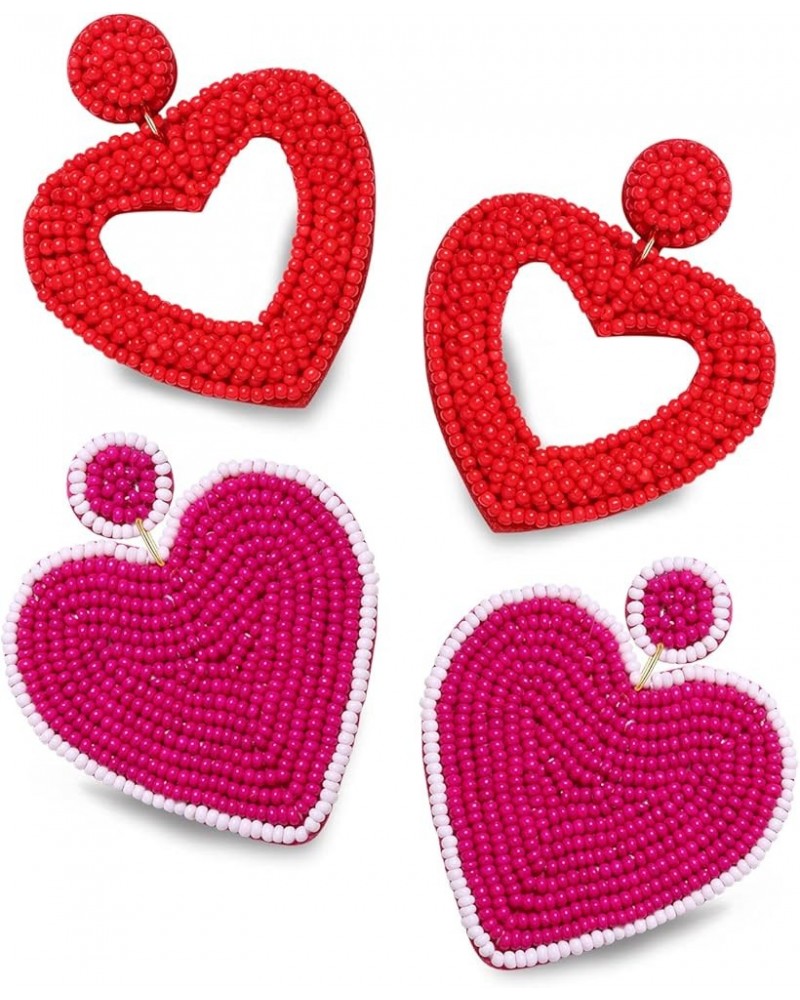 2 Pairs Beaded Heart Earrings Valentine's Day Earring for Women Girls Handmade Love Heart Drop Dangle Earrings Birthday Party...