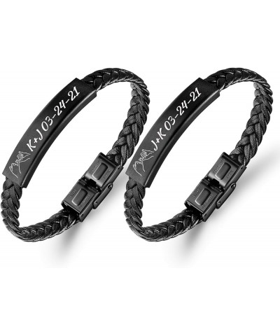 MZZJ Personalized Couple Bracelet for Him Her Handmade Braided Leather Black Stainless Steel Adjustable Cuff Bracelet Set for...