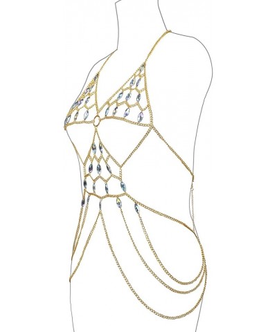 Womens Sexy One Piece Body Chains Crystal Tassel Bikini Beach Club Body Jewelry 035-Gold $17.50 Body Jewelry