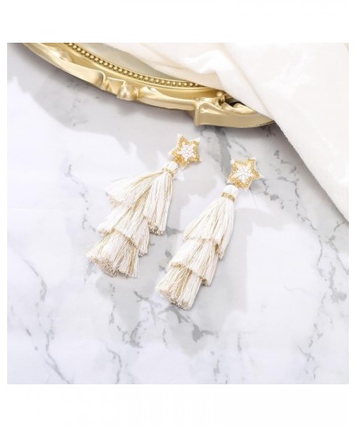 St Patricks Day Tassel Earrings for Women Bohemian Boho Crystal Layered Tassel Fringe Thread Chandelier Dangle Earrings White...