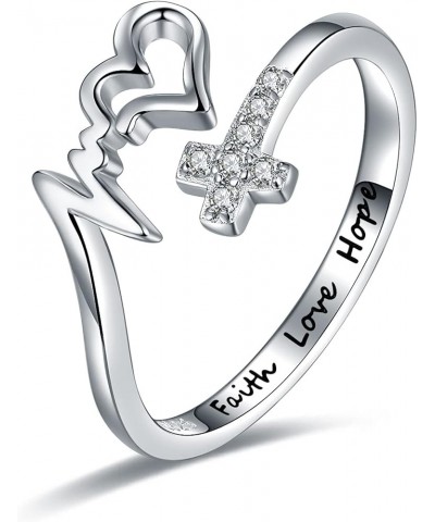 S925-Sterling-Silver White/Blue Opal Faith Hope Love Ring Cross Heart Rings Adjustable Inspirational Faith Over Fear Jewelry ...