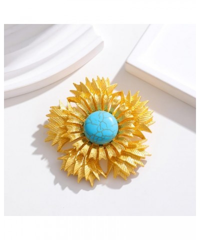 Blue Turquoise Sunflower Brooch Pin for Women Girls Big Flower Lapel Pins Crosage Badge Shawl Clip Scraf Pin 14K Gold Plated ...