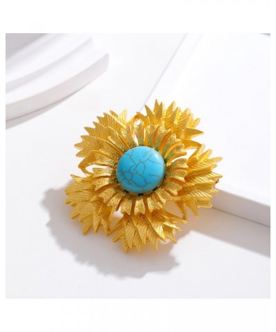 Blue Turquoise Sunflower Brooch Pin for Women Girls Big Flower Lapel Pins Crosage Badge Shawl Clip Scraf Pin 14K Gold Plated ...