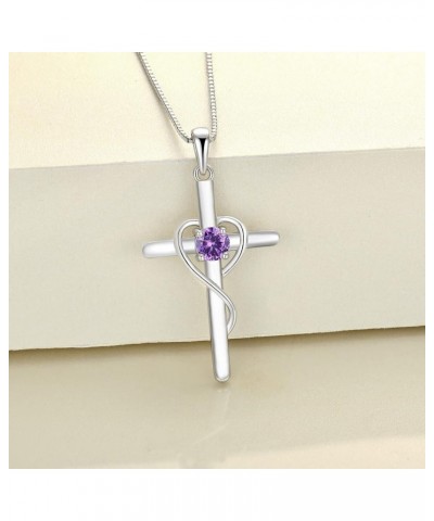 Infinity Heart Cross Necklace Sterling Silver Crucifix Pendant Gemstones Criss Jewelry for Women 02-amethyst-Feb $24.20 Neckl...