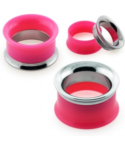 2 Tone Solid Pink Acrylic with 316L Surgical Steel Internally Threaded Flesh Tunnel Ear Plug - Sold by Piece 5.0 Millimeters ...