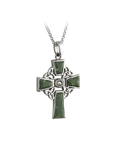 Irish Celtic Cross 18" Necklace with Connemara Marble, Trinity Knot Catholic 925 Sterling Silver Pendant, Fine Jewelry Import...