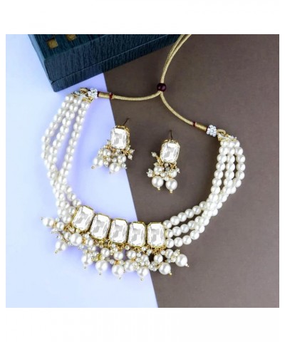 18K Gold Plated Indian Wedding Bollywood Stone studed Pearl Choker Necklace Jewellery Set with Earrings for Women & Girls (IJ...