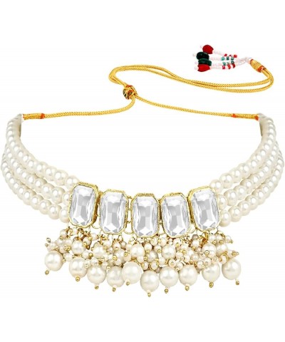 18K Gold Plated Indian Wedding Bollywood Stone studed Pearl Choker Necklace Jewellery Set with Earrings for Women & Girls (IJ...