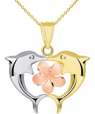 14k Tri Color Gold High Polish Kissing Dolphins with Hawaiian Plumeria Flower Pendant Necklace 22.0 Inches $88.15 Necklaces