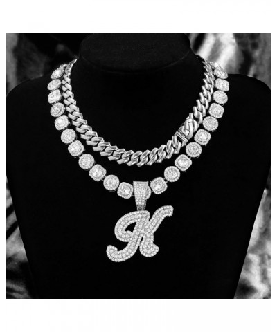 2pcs Cuban Link Chain for Women Cursive Silver Initial Necklace Cuban Link Necklace for Women Hip Hop Iced Out Chain Necklace...