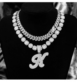 2pcs Cuban Link Chain for Women Cursive Silver Initial Necklace Cuban Link Necklace for Women Hip Hop Iced Out Chain Necklace...