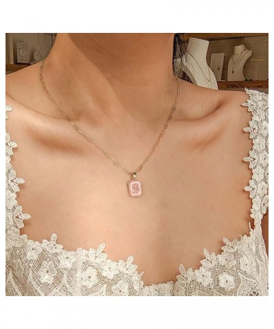 18K Gold Initial Monogram Necklaces for Women Quadrangular letter pendant L-Pink enamel $5.19 Necklaces