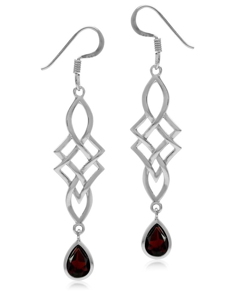 Genuine or Synthetic Birthstone 925 Sterling Silver Celtic Knot Weave Dangle Hook Earrings natural garnet - january birthston...