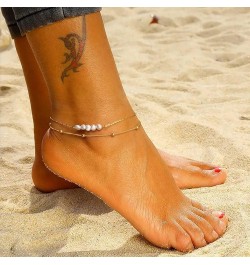 Sterling Silver Double Layered Anklet for Women Adjustable Natural Freshwater Pearl Ankle Bracelets for Women 14K Gold Plated...