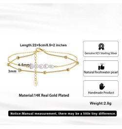 Sterling Silver Double Layered Anklet for Women Adjustable Natural Freshwater Pearl Ankle Bracelets for Women 14K Gold Plated...