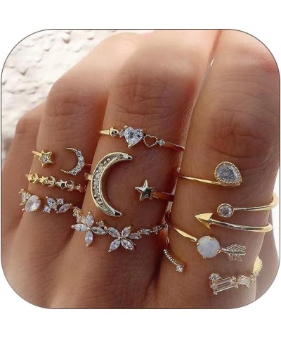 Rhinestone Moon Star Rings Set for Women Stackable Heart Ring for Girls Gold Boho Rings Stacking Rings Adjustable Knuckle Rin...