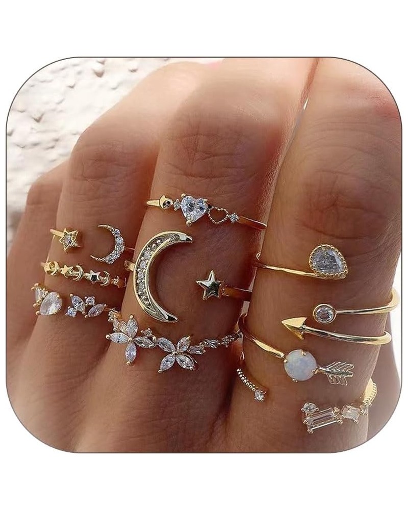 Rhinestone Moon Star Rings Set for Women Stackable Heart Ring for Girls Gold Boho Rings Stacking Rings Adjustable Knuckle Rin...