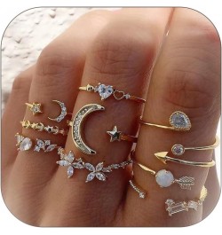 Rhinestone Moon Star Rings Set for Women Stackable Heart Ring for Girls Gold Boho Rings Stacking Rings Adjustable Knuckle Rin...