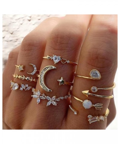 Rhinestone Moon Star Rings Set for Women Stackable Heart Ring for Girls Gold Boho Rings Stacking Rings Adjustable Knuckle Rin...