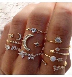 Rhinestone Moon Star Rings Set for Women Stackable Heart Ring for Girls Gold Boho Rings Stacking Rings Adjustable Knuckle Rin...