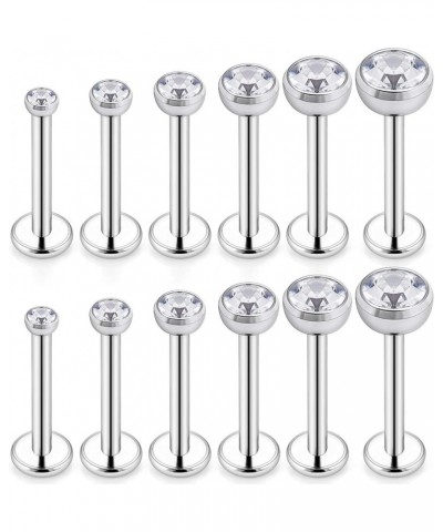 6 Pairs 16g Stainless Steel Jeweled Clear CZ Internally Threaded Labret Monroe Lip Tragus Cartilage Helix Earring Ring Body P...