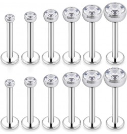 6 Pairs 16g Stainless Steel Jeweled Clear CZ Internally Threaded Labret Monroe Lip Tragus Cartilage Helix Earring Ring Body P...