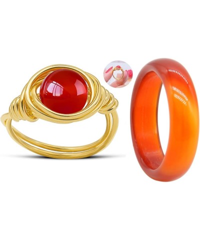 Natural Carnelian Crystal Rings，2PCS Carnelian Rings Gemstone Band Healing Ring for Women Carnelian Smooth Round Donut Ring G...