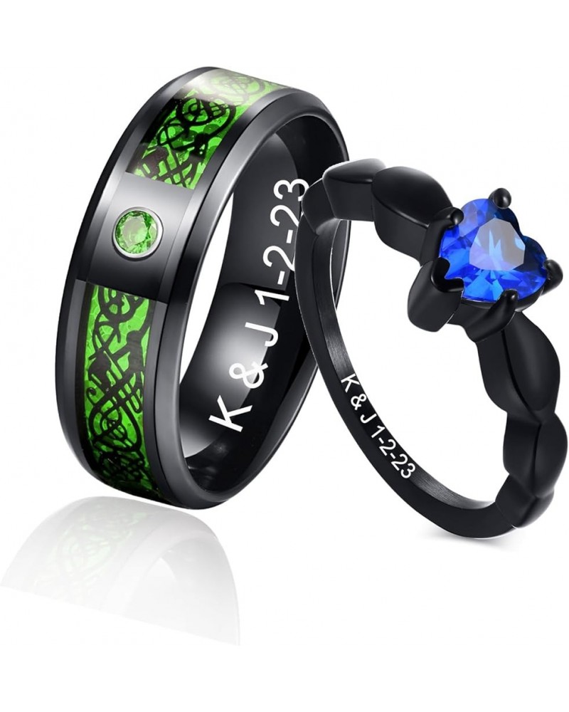 MZZJ Personalized His Hers Couple Rings Men's 8MM Celtic Dragon Pattern & Women's Blue Heart Shape Cubic Zirconia Black Stain...