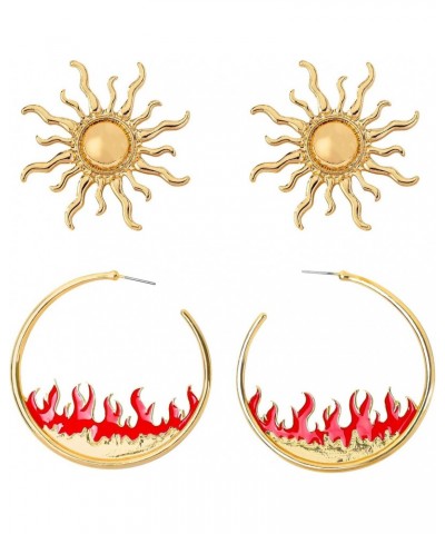 2 Pairs Plated Hoop Earrings Stud Earrings Set For Women Vintage Flame Fire Big Hoop Earring Sun Shaped Earring Stud for Wome...