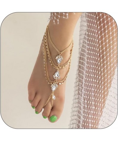 Bohemian Layered Crystal Teardrop Anklet with Toe Ring 1pcs Sparkling Rhinestone Slave Foot Chain Summer Beach Wedding Harnes...