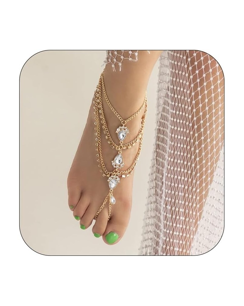 Bohemian Layered Crystal Teardrop Anklet with Toe Ring 1pcs Sparkling Rhinestone Slave Foot Chain Summer Beach Wedding Harnes...