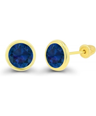 Solid 14K Gold Hypoallergenic 6mm Round Solitaire Birthstone Bezel Screw Back Stud Earrings Blue Sapphire Created Yellow Gold...